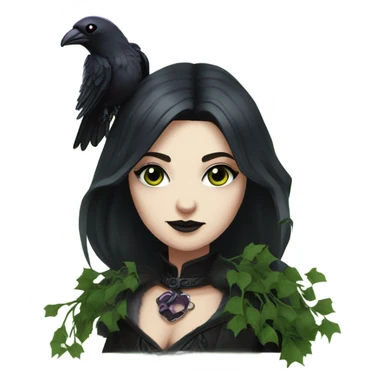 the morrigan goth woman version vines style furr robe stylish boots, perfect eyes, raven on hand, green vines decor on ground sticker