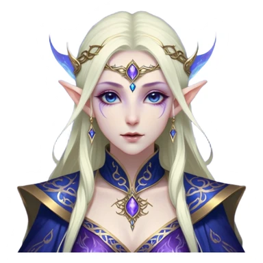 Cinematic Realistic WoW Elf Mage Portrait, depicted with ethereal, otherworldly beauty and refined arcane mastery. Clad in an intricately detailed robe in consistent deep blues and purples accented with shimmering gold filigree, her luminous, porcelain-like skin and delicate features evoke timeless elegance. Her piercing, mystical eyes radiate ancient wisdom, rendered with lifelike texture and subtle, magical lighting, high shine, noble and majestic, capturing the essence of a legendary elven sorceress. sticker
