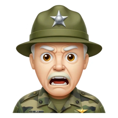 old yelling drill sergeant character wearing a classic sergeant hat and a camouflage army shirt. The character should have an angry intense expression. sticker