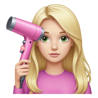 blonde with long hair and swamp eyes holding a pink Dyson hair dryer sticker