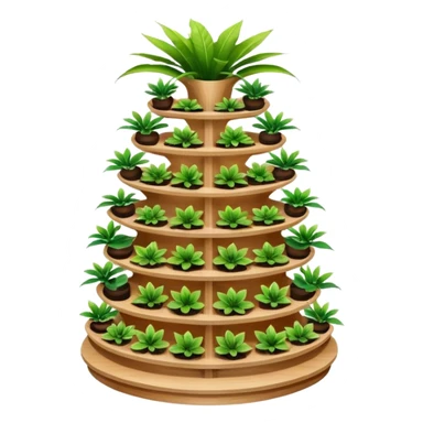 Very Large asymmetrical alien-futuristic multi-tier multi-level curved plant rack, which holds thirty-five plants, constructed from plywood sticker
