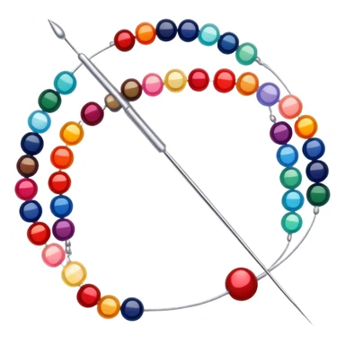 Create a harmonious and well-composed icon that represents the hobby of beadwork. The design should feature colorful beads, thread, and a beading needle or tool in a balanced arrangement. The elements should flow naturally, reflecting the creativity and precision of the craft. Ensure the composition is clean and aesthetically pleasing, with vibrant yet balanced colors. The background should be transparent. sticker