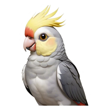Cinematic Noble Cockatiel Portrait Emoji, Poised and regal, with a slender, delicate build and a beautifully groomed grey fur accented by vibrant yellow cheek patches and a graceful crest, deep-set soulful dark eyes, Simplified yet sharp and sophisticated features, highly detailed, glowing with a soft, dignified glow, high shine, intelligent and charming, stylized with an air of elegance, focused and attentive, soft glowing outline, capturing the essence of a watchful and confident avian companion, so majestic it feels as though it could flutter out of the screen with effortless authority! sticker