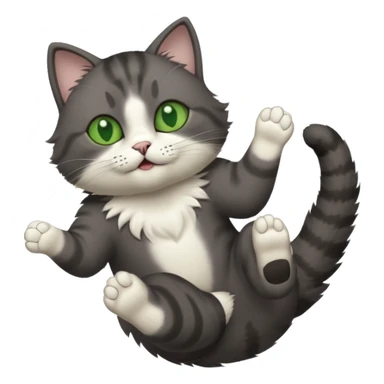 dark grey cat with green eyes, white toes/paws and white patch on her chest playfully rolling upside down sticker