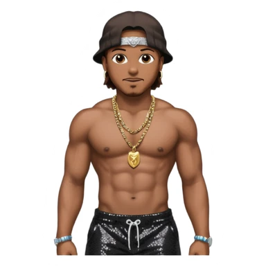 Mystikal, Rapper with dark brown hair, black sequin baggy pants, shirtless with necklace sticker