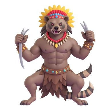 A native strong buff hyena with war bonnet flexing posing full body holding a chopped off human head by the hair  sticker