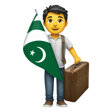 Smiling with tear drop, holding a suitcase and Pakistan flag sticker