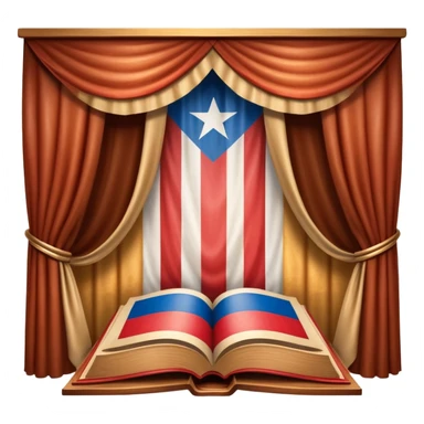 Timeless book with Puerto Rican flag colors flowing across cover like theater curtains, wooden stage elements carved into leather, golden light emerging from within, representing eternal theatrical legacy sticker