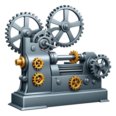 An icon featuring a giant machine tool in a factory workshop, symbolizing mechanical engineering. The design includes gears, levers, and mechanical components, representing the design and manufacturing of machinery. Transparent background highlights the precision and i sticker