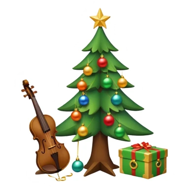 A cute, minimal emoji-style Christmas tree with a bright green triangular shape, decorated with a simple glowing light garland and round colorful baubles, a wooden violin replacing the trunk, and a small playful monkey sitting at the very top carefully placing a golden Christmas star sticker