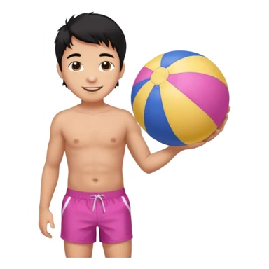 Hawaiian boy with black hair with pink highlights and a swim short, with beach ball sticker