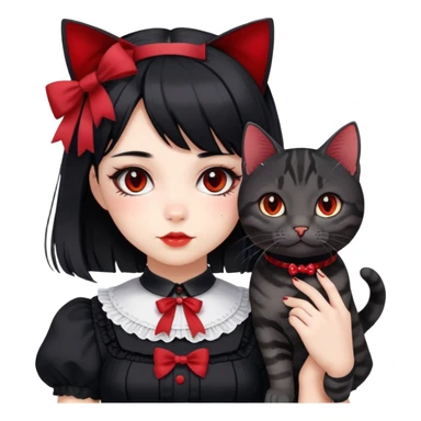 girl wearing black Lolita style dress, with medium-length black hair with red tips, and a black American Shorthair tabby cat sticker