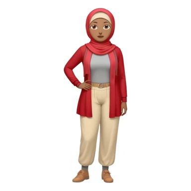 Heavy-set woman with medium-brown skin wearing a light red hijab, cream top, light red pants, tan shoes, and a grey prosthetic leg. Standing confidently with one hand on her hip sticker