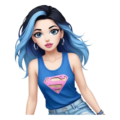 Tall-full body-long legs-huge female chest-very excited-very-beautiful-face-white torn cargo pants-light-pink-lips-very long-very-straight-dark-blue-ombre-hair-and-blue-eyes-thick-black-eyeliner-thick-long-eyelashes-sky-blue-superman-tank-top-with-glitter-and-silver-hoop-earrings sticker