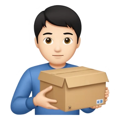 black haired asian man holding cardboard box sticker
