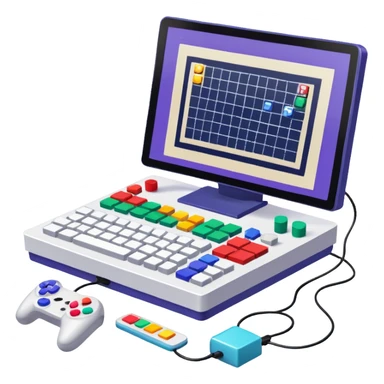Icon for Game Design Development: a computer screen displaying a game interface, pixel art, 3D models, a game controller, and tools like a grid, stylus, and wireframe. Сonvey the process of game development, with elements representing design, coding, and interaction. Transparent background. sticker