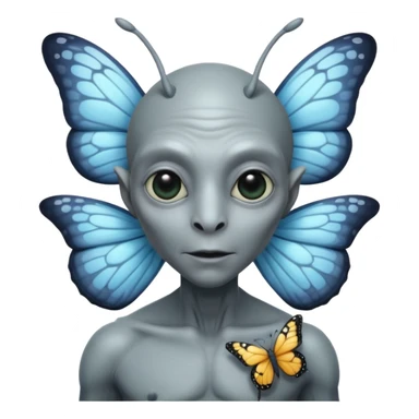 an standard grey alien with seperate a butterfly on shoulder sticker