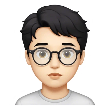 A boy with slightly curly black hair, transparent glasses, a pentagon-shaped face, and slightly thick lips. sticker