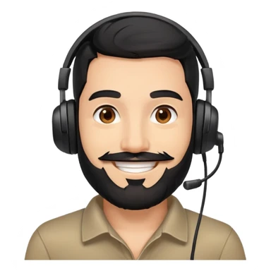 Happy smiling man with black hair, brown eyes, black beard wearing a gaming headset sticker