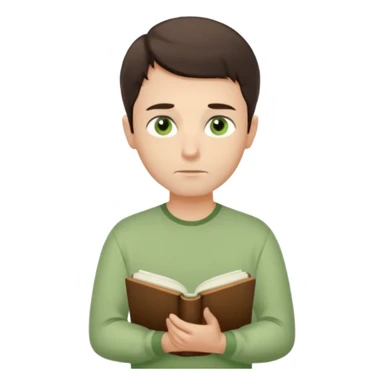 Thoughtful gentle man, fair skin, short dark brown hair, calm green eyes, simple light green shirt, waist-up front-facing, holding a closed book, serene expression, minimal background, soft lighting. sticker