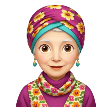 A kind old Russian village grandmother emoji — elderly woman wearing a bright floral headscarf tied under her chin, colorful patterned dress, warm smile, simple rural look. Flat minimal emoji style, clean Apple-like design. sticker