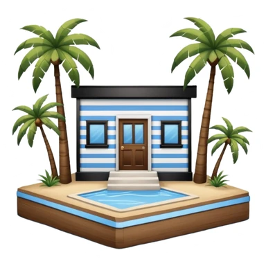 A full square 1 by 1   white and blue stripe building  horizontally with brown wooden door on a island with palm trees  sticker