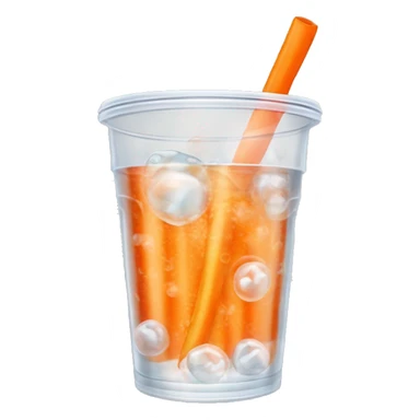 Realistic clear plastic cup half full of Transluscent soda with carbonation bubbles, carrot shaped ice cubes inside the cup and orange curly straw through the top  sticker