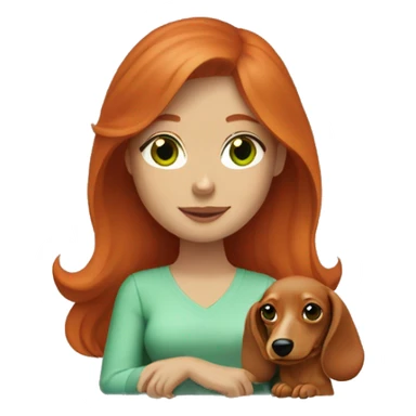 red head women green eyes and a cream longhair dachshund in her lap sticker