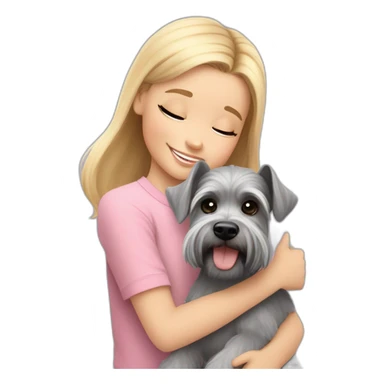 A seven-year-old girl with blonde hair in a light pink T-shirt and rainbow leggings hugs a gray miniature Schnauzer dog sticker