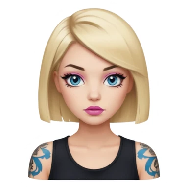 Edgy Woman, Blonde hair Medium blunt bob, blue eyes, makeup Smokey lid with doe lashes, pink lips, tattoo on arms, wearing black sticker