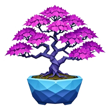 Futuristic wild alien maples Bonsai hair-fine-leaf group crimson crystal azalea purple and cream blue forest planting in shallow origami style pot  sticker