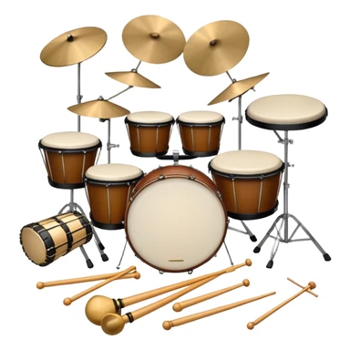 Create a professional, emblem-like emoji representing percussion instruments, including both traditional and folk drums. Feature a snare drum, bass drum, timpani, cymbals, marimba, tambourine, djembe, bongos, cajón, triangle, castanets, and ratchets in a balanced, heraldic composition. Crossed drumsticks at the center symbolize rhythm, while a ribbon of musical notes weaves around the instruments. Use rich gold, mahogany, and silver tones with polished highlights. Add laurel wreaths and subtle engravings for a grand, festive feel. The design should be harmonious, visually complete, and on a transparent background. sticker