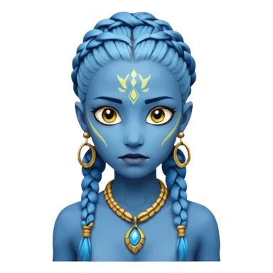Create an icon of a Na’vi-inspired female character with glowing blue skin, braided hair, tribal forehead markings, large expressive eyes, gold earrings, and a rope necklace with a golden pendant. The expression should be calm and serious, matching the style of the movie Avatar sticker