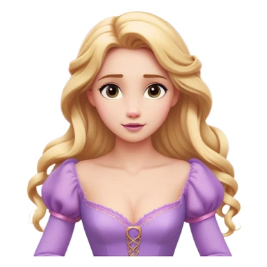 Cinematic Realistic Rapunzel Portrait, with porcelain-like skin featuring a subtle, natural glow, illuminated by soft lighting that brings out the gentle contours of her face. Her long, golden blonde hair cascades in detailed waves, each strand highlighted with a radiant shimmer as it catches the light. Her bright, expressive green eyes exude curiosity and warmth, framed by delicate lashes and soft, arched brows. Her expression is playful and vibrant, with a gentle smile. She is dressed in her classic lavender and pink gown, the fabric textured with delicate folds that flow naturally, catching the light with a soft, radiant glow. The portrait captures a luminous, enchanting aura, seamlessly blending realism with a whimsical, fairytale charm, evoking a timeless sense of beauty and magic. sticker