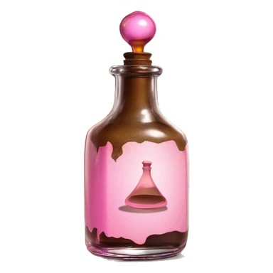 Mysterious Alchemical vintage glass potion bottle, exquisite bottle shape, old and shabby, with label, stylish and minimalistic, brown and pink, oil potion is poured out of the bottle, oil is spilled next to it sticker