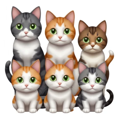 6 different coloured small cats including a dark grey and white, and a patchy calico, and a brown tabby and white,  and a completely solid dark grey with green eyes and only white paws sticker