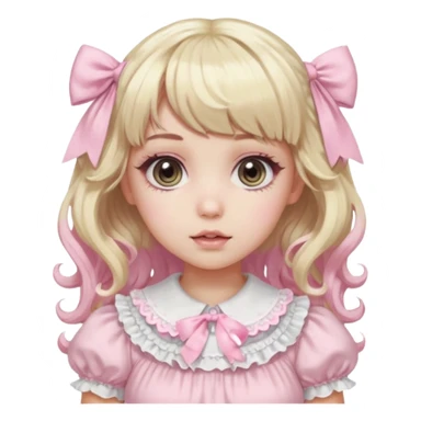 pale girl , who has curly medium length blonde and baby pink swirled hair with bangs , grey eyes , and doll like makeup , in a light pink lolita hime gyaru dress emoji | AI Emoji Generator sticker