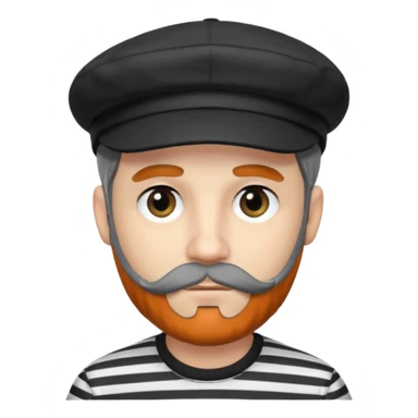 White Man with a dark grey beard and a black newsboy cap. He is wearing a black and white striped shirt. He has dark black eyeliner  sticker