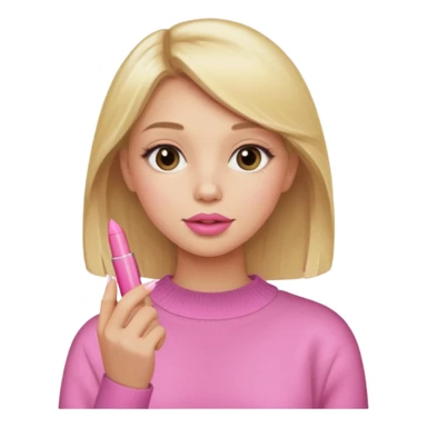 A blonde haired girl with a pink sweater and holding a lip gloss sticker