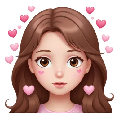 Girl with long brown hair blushing with sparkly eyes and little hearts floating around cartoon style cute delicate pale pink sticker