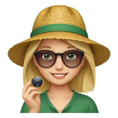 blonde girl in dark green straw hat adjusting sunglasses sticker
