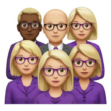 FIVE person team; 2 men and 3 women.  All dressed in yellow or purple.  
1 caucasian woman with blonde mid length hair
1 caucasian woman has ash blonde hair tied up.  
1 man is African-american and bald
1 man is caucasian and very little hair left.  
All have glasses sticker