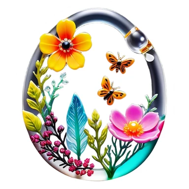 Create an icon that represents decorative arts using epoxy resin. The design should feature colorful tubes of resin, including fluorescent resin tubes, with visible drops or strokes of resin being applied to create intricate designs. Include finished resin jewelry pieces, such as pendants or rings, containing preserved flowers and insects encased in clear resin. The composition should feel vibrant, artistic, and delicate, showcasing the unique beauty of resin art with natural elements. The background should be transparent sticker