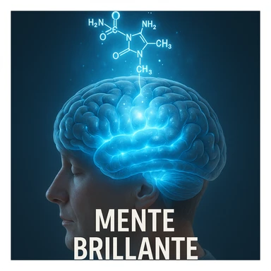 Citicolina che illumina il cervello, iper realistico, molecola blu che emette luce su aree cerebrali, scritta 'Mente brillante', atmosfera positiva, dettagli realistici sticker