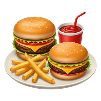 i want a Cheeseburger and Fries with a angle to 15–20° gentle bird’s-eye angle with 2 sauce round plate one is white and other is red with some fries thicker like mcdonald's sticker