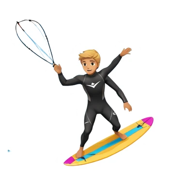 An athlete in a wetsuit riding a kiteboard, soaring over the sea waves with the kite high in the sky. The background features a vibrant blue sky and crashing ocean waves, capturing the thrill and freedom of kitesurfing in dynamic motion. sticker