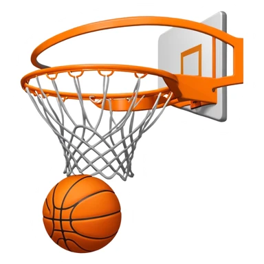 Orange Spalding basketball inside basketball net, viewed from below the hoop, minimalist design, iOS emoji style sticker