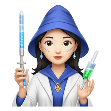 emoji of an asian woman wizard who wields a micropipette as a wand and a DNA helix spell coming from the pipette wand sticker