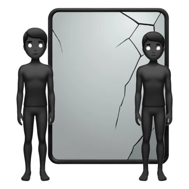 Minimalist emoji-style sticker of a person standing in front of a cracked mirror. The mirror shows a dark shadowy silhouette or distorted figure instead of a reflection. Flat black and white design with muted gray tones. No text. Bold, clean lines. Square composition. No shading or gradients. sticker