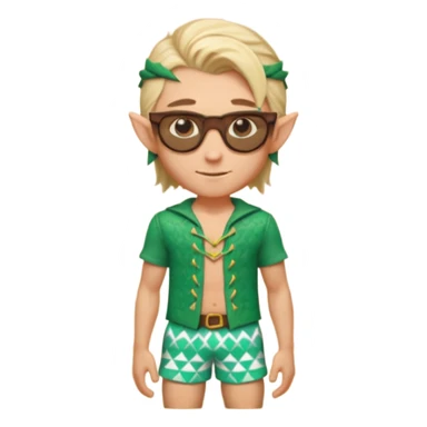 elf male legolas portrait, patterned board shorts (geometric/abstract), unique wooden-framed sunglasses, undercut hairstyle, slight smirk, visible pointy ears, no background, centered emoji, hipster summer vibe sticker